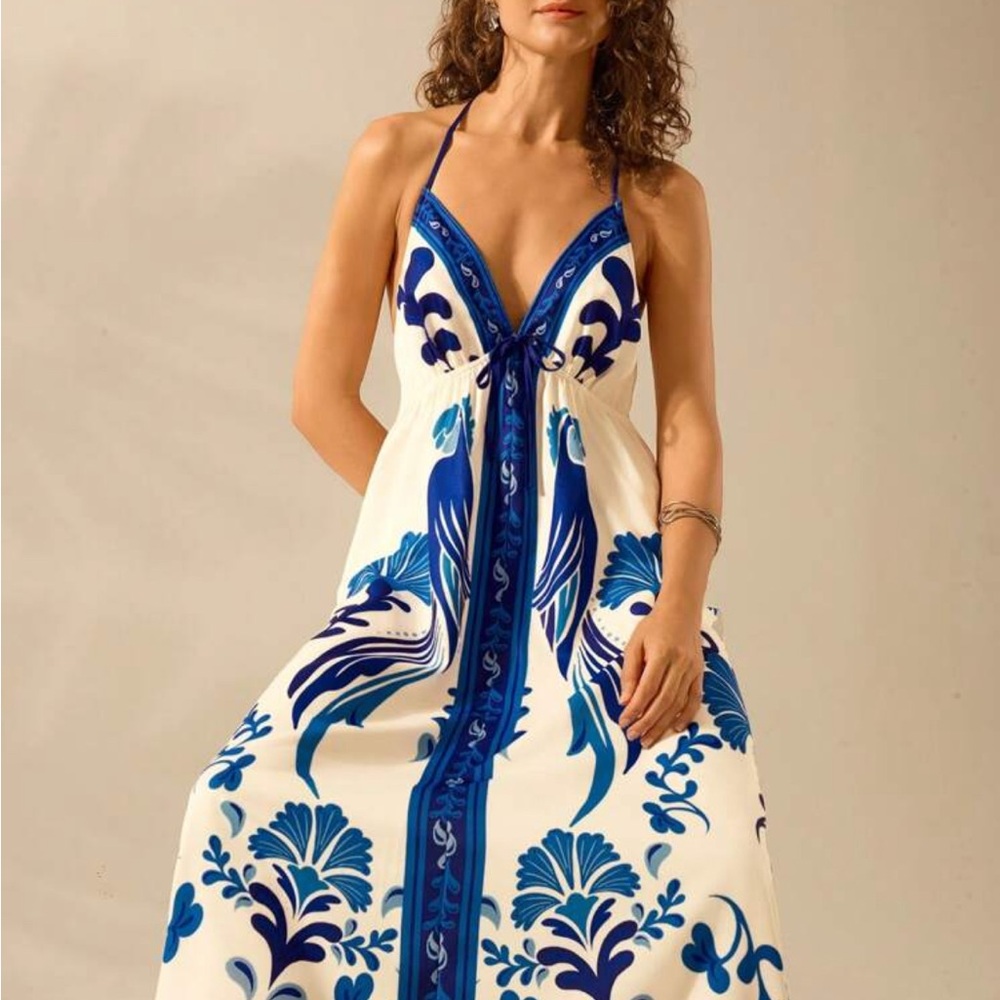 SHEIN Blue and White Halter Maxi Sundress